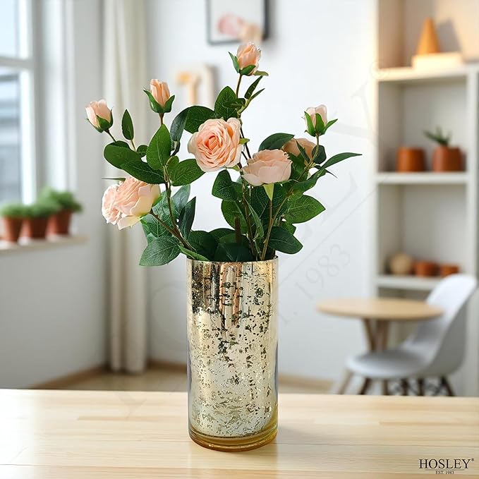 Hosley Set of 2 Mercury Gold Glass Vases – Elegant Flower Pots for Boho Decor, Wedding Gifts, Decorative Centerpieces, Hurricane Style Vase for Home, Events, and DIY Crafts