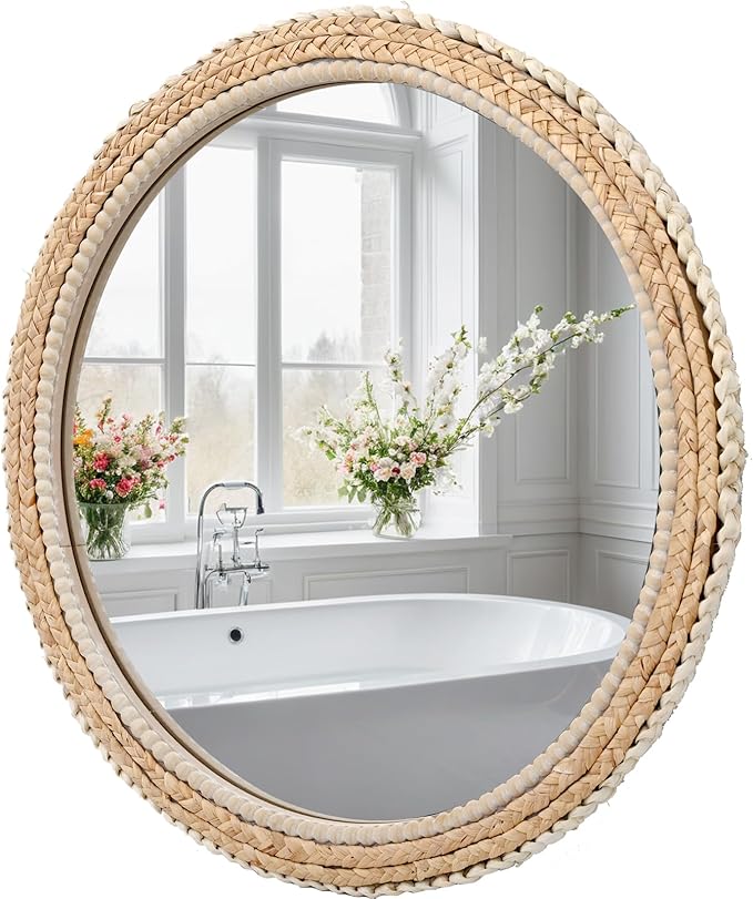 FUIN 24" Rattan and Wood Round Mirror for Boho Bathroom, Entryway, Living Room Decor