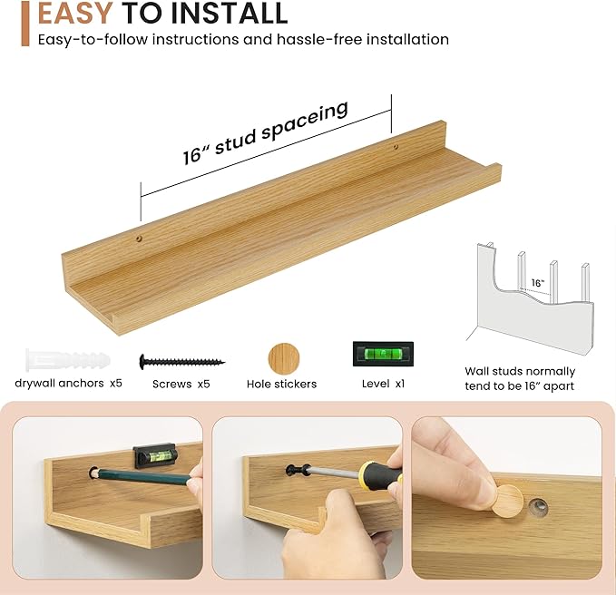 Dreamland Picture Ledge Shelf for Wall, Floating Shelves Set of 2, 24 Inch Long Floating Shelves with Lip for Living Room, Bedroom, Bathroom, Kitchen, Oak