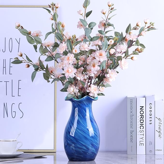 10.6in Hand Blown Blue Glass Vase – Wide Mouth Murano Bubble Art Glass Vase, Cobalt Blue Flower Vase for Coastal, Vintage, Colorful Home Decor, Vase Gift for Mom or Display (Blue)