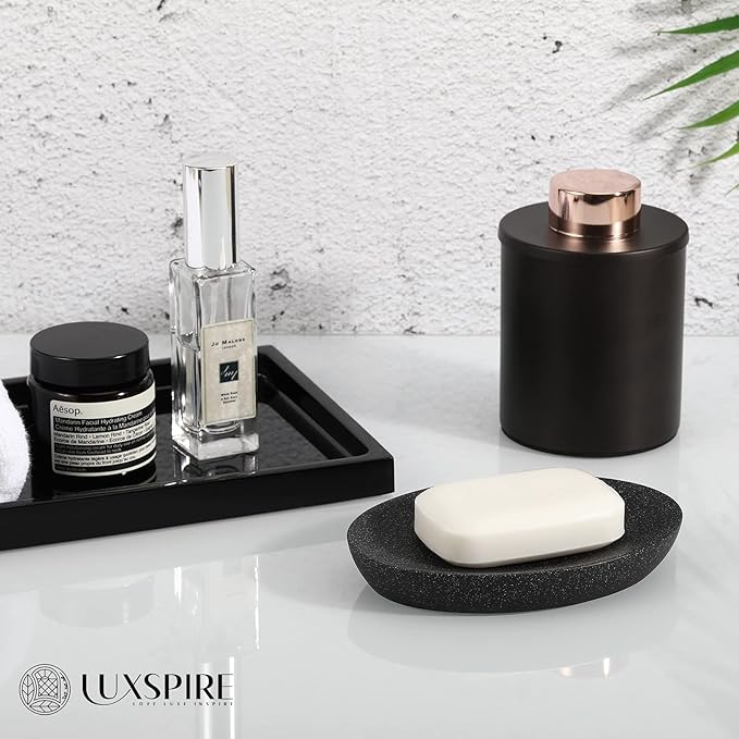 Luxspire Soap Dish 2 Packs, Resin Soap Tray Soap Holder Container Box, Marble Pattern Oval Soap Plate Case, Sponge Dish Scrubbers Tray Holder for Bathroom Vanity Shower Kitchen Sink, Gravel Black