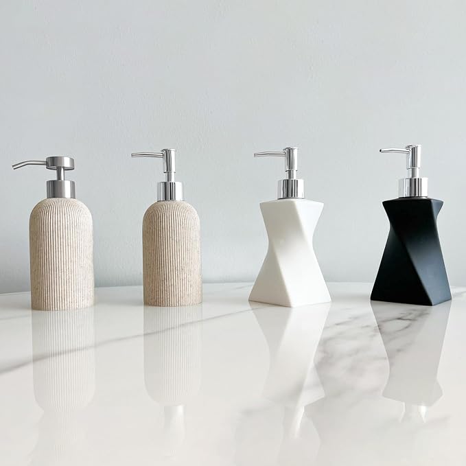 Sand Beige Hand Soap Dispenser for Bathroom and Kitchen with Pump, Luxury Farmhouse Style, Lotion, Dish Soap Dispenser, Sandstone Finish, Rust Proof, 7oz (Silver Pump)