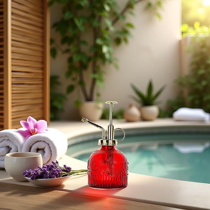 Glass Plant Mister Spray Bottle, 230ML Vintage Plant Spritzer, Succulent Watering Bottle Glass with Top Pump, Small Plants Sprayer Watering Can for Indoor Outdoor House(Red)