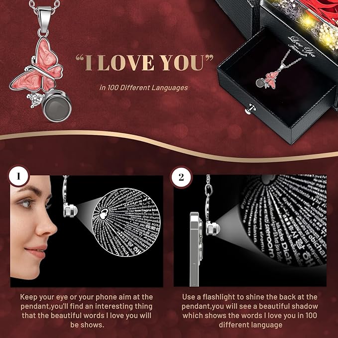 DRTINA Preserved Red Real Rose with I Love You Butterfly Necklace-Eternal Flowers Rose Birthday Gifts for Women Wife Mom Girlfriend Grandma on Mothers Day Valentines Anniversary Christmas Romantic