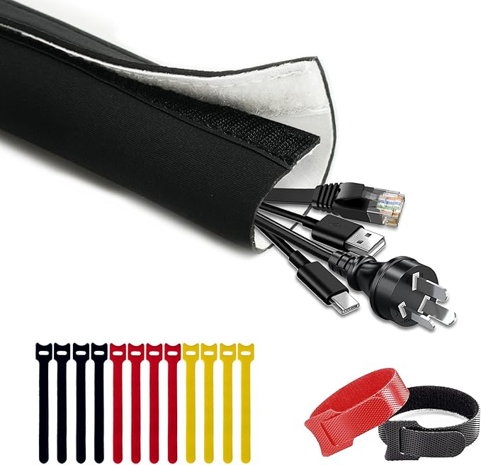 Cable Management Sleeve 6.6ft (80 inch) - 1.5 inch, Hook-and-Loop Cuttable Neoprene Cord Organizer, Split Wire Reversible Cord Protector for TV USB PC Ethernet Cable Hider Protect Pets Kids