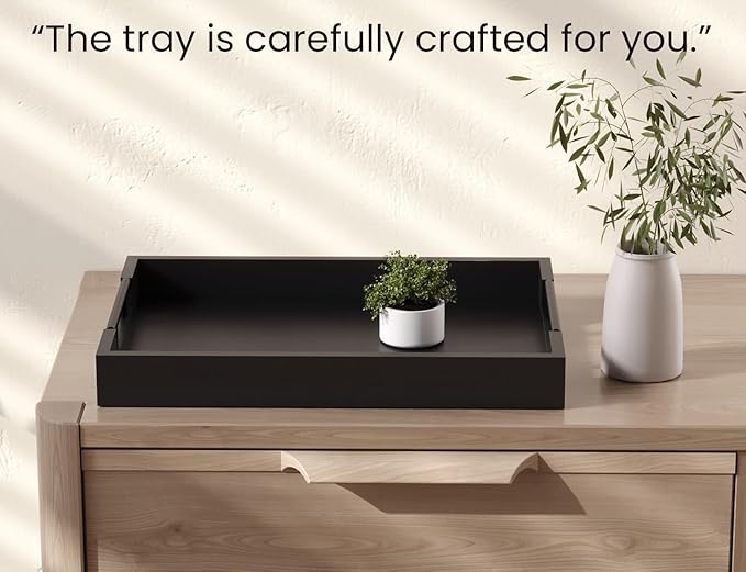 Fibogollo Bamboo Serving Tray with Metal Handles,17x12in Ottoman Decorative Trays Platter for Coffee Table,Living Room,Bar,Party,Large(Black)