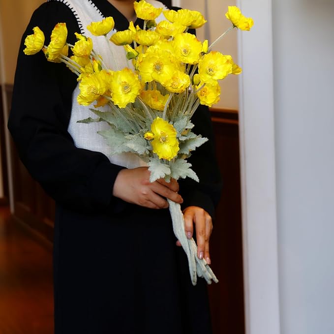 12PCS Poppy Flowers Artificial 13" Real Touch Stems Faux Poppies Silk Flowers for Home Decor Indoor (Yellow)
