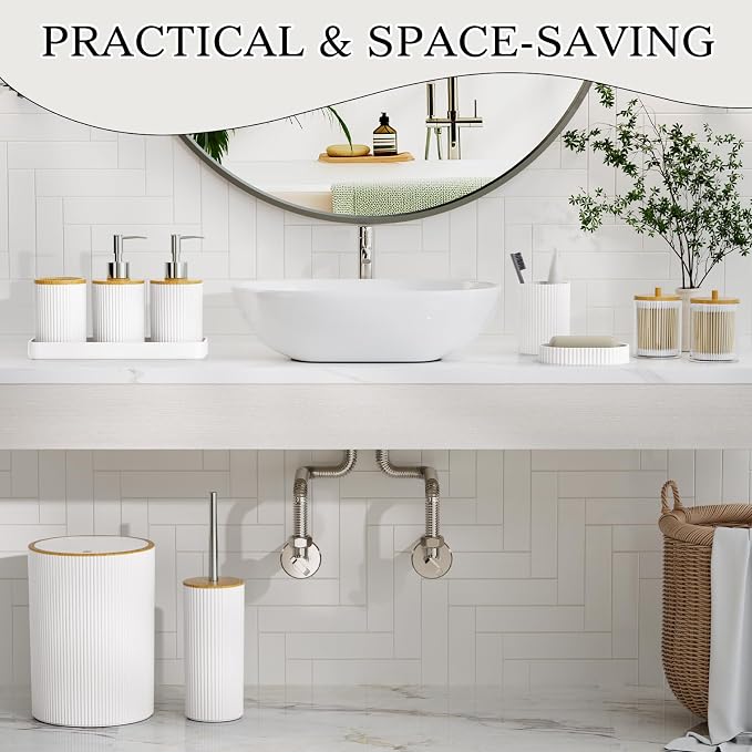 10PC Bathroom Accessories Set - White and Wooden Bathroom Sets, Bathroom Accessory Set with Pop Up Trash Can, Toilet Brush, Trash Can, Qtip Holder & Soap Dispenser