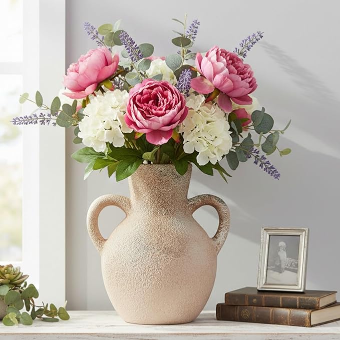 Ceramic Flower Vase with Handles,7.5 Inch Rustic Farmhouse Vases Home Decor for Living Room,Handmade Pottery Terracotta Vintage Vase for House Bedroom Decorations for Dining Table Shelf Decor Office