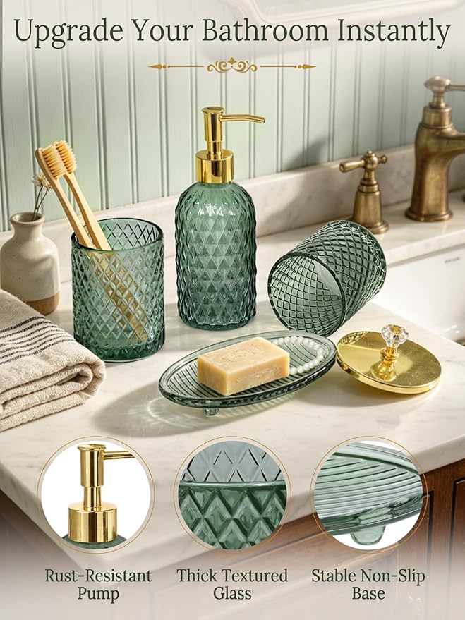 Haturi Bathroom Accessories Set, 4Pcs Sage Green Glass Bathroom Set Complete w/Bathroom Soap Dispenser Set, Toothbrush Holder, Qtip Holder, Soap Dish, Green Bathroom Decor, Gift for Home Apartment
