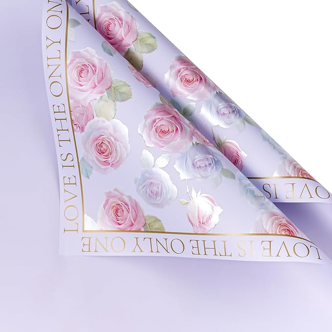 WRAPAHOLIC 20 Sheets Purple Flower Wrapping Paper - 22.4 x 22.4 inch Rose Design Water-Resistant Floral Bouquet Wrapping Paper, Florist Supplies Packaging for Wedding Birthday Gift DIY