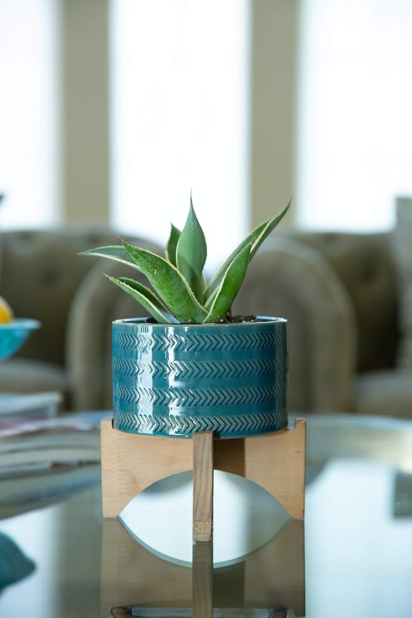 Flora Bunda 5 Inch Arrow Ceramic Planter on Wood Stand Mid Century,Glass Teal 5"