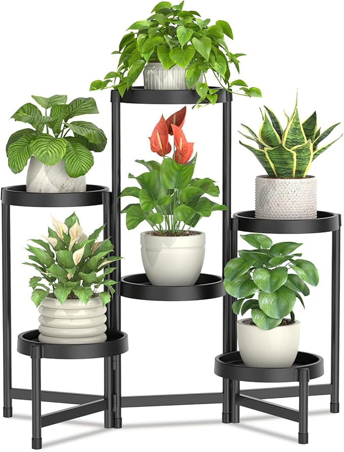 LASZOLA 6 Tiered Plant Stand Indoor Outdoor with Plastic Tray, Corner Folding Tall Flower Display Rack, Modern Plant Holder Shelf for Outdoor Patio Porch Garden Office Living Room, Black