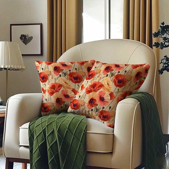 Floral Throw Pillow Covers Set of 2 | Poppy Flower Print Decorative Cushion Cases for Couch, Sofa, Living Room and Bedroom | Square 18x18 Inches | Zipper Closure Pillowcases