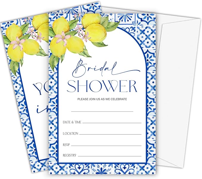 Mediterranean Lemon Bridal Shower Invitations, Set of 25 Lemon Italian Blue Tiles Bridal Shower Invites with Envelopes for Engagement Wedding Party-A11