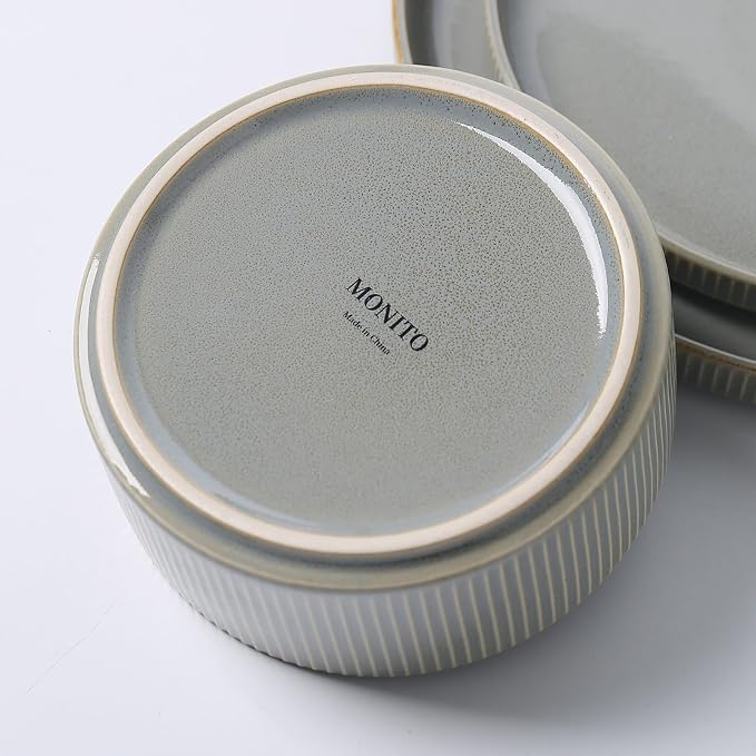 MONITO Ceramic Dinnerware Sets for 4, 12PCS Stoneware Plates and Bowls Sets, Reactive Glaze Dish Set, Chip and Scratch Resistant Double, Microwave and Dishwasher Safe, Sage Mist