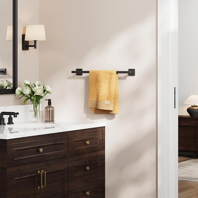 USHOWER Matte Black Towel Bar, 18 Inch Towel Racks for Bathroom Wall Mounted, 304 Stainless Steel Towel Holder with Square Base, Modern Home Decor (Total Length 20 Inch)