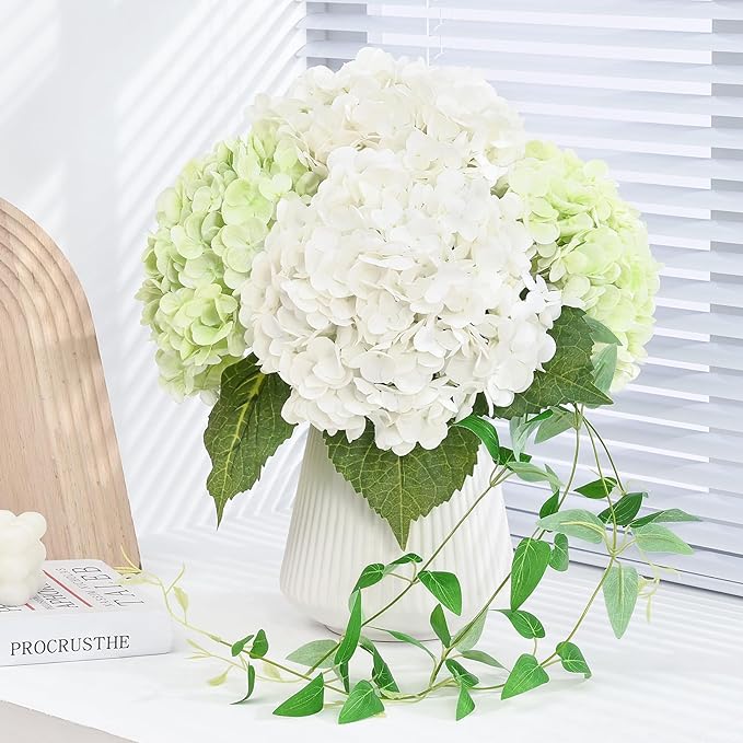 MARTINE MALL 4Pcs 21in Hydrangea Artificial Flowers, Latex Real Touch Hydrangeas Lifelike Large Hydrangea Flowers for Home Decor Party Arrangements Wedding Bouquets Centerpieces (White)