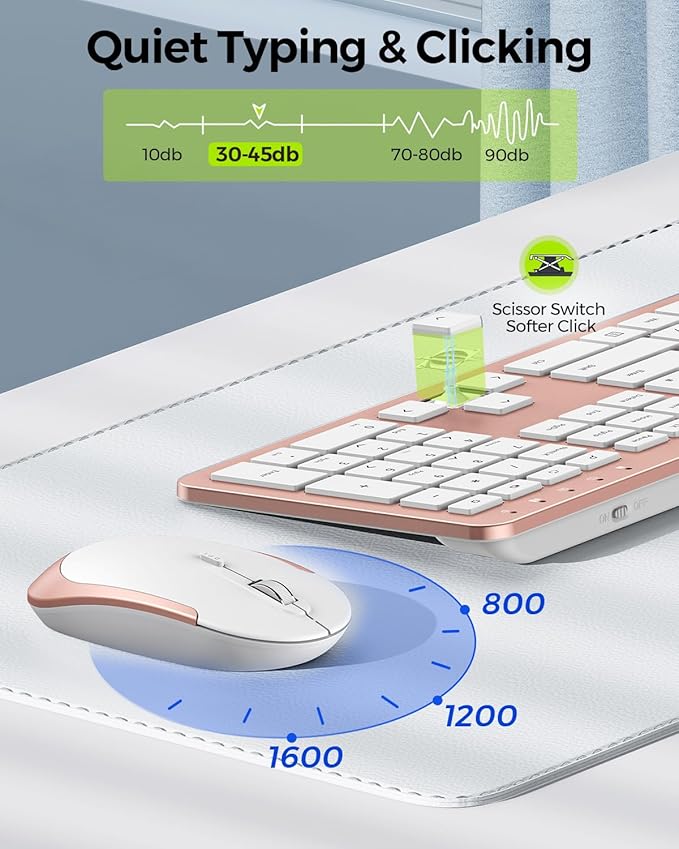 Wireless Keyboard and Mouse Combo, Full Size Slim Thin Cordless Keyboard Mouse with Numeric Keypad, Quiet Computer Keyboard Mice Set 2.4G Stable Connection Adjustable DPI (Rose Gold)