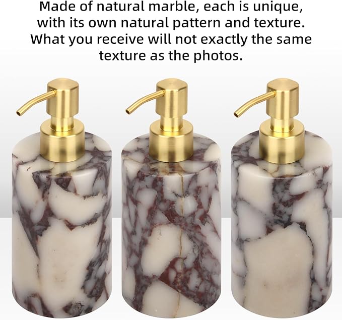 Natural Marble Soap Dispenser for Bathroom and Kitchen Countertop - 5.41 Ounces Hand Lotion and Liquid Stone Shampoo Laundry Bottle with Pump (1, Calacatta Viola, Cylindrical Bottle)