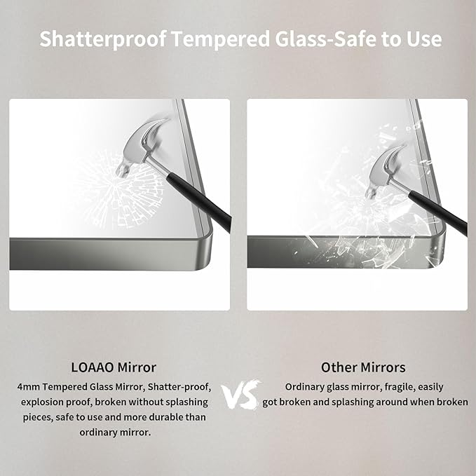 LOAAO 36X36 Inch Brushed Nickel Bathroom Mirror, Rounded Rectangle Silver Metal Frame Mirror, Brushed Nickel, Anti-Rust, Shatter Proof, Hangs Horizontally or Vertically