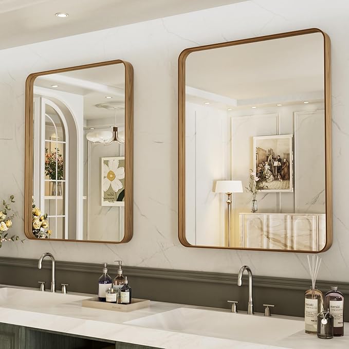 LOAAO 32X36 Inch Bathroom Mirror with Wood Grain Colored Metal Frame, Rounded Rectangle Metal Framed Bathroom Mirror, Anti-Rust, Hangs Horizontally or Vertically, Tempered Glass