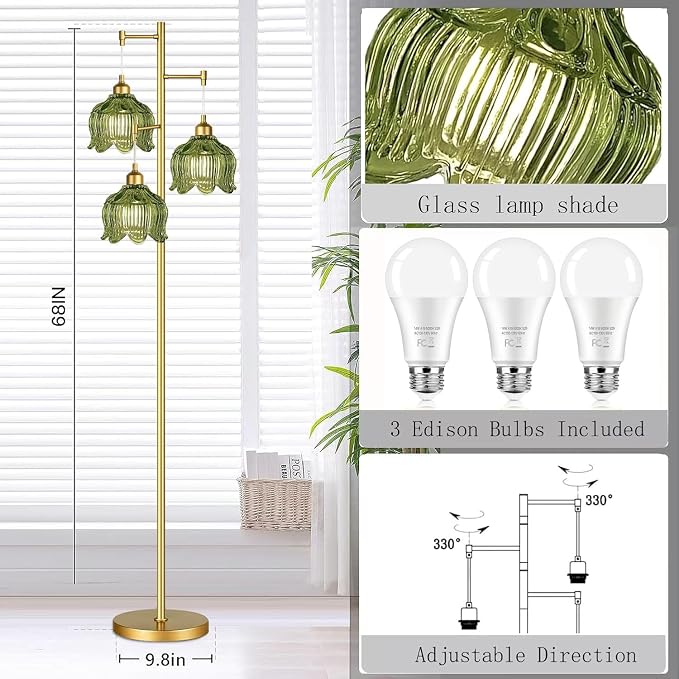 Glass Floor Lamp for Living Room,Bedroom,Gold Mid Century Modern Standing Lamp Brass Tree 3 Light Tall Floor Lamps Vintage Retro Floor Lights Green Flower Lamp Shade Farmhouse Boho Bohemian