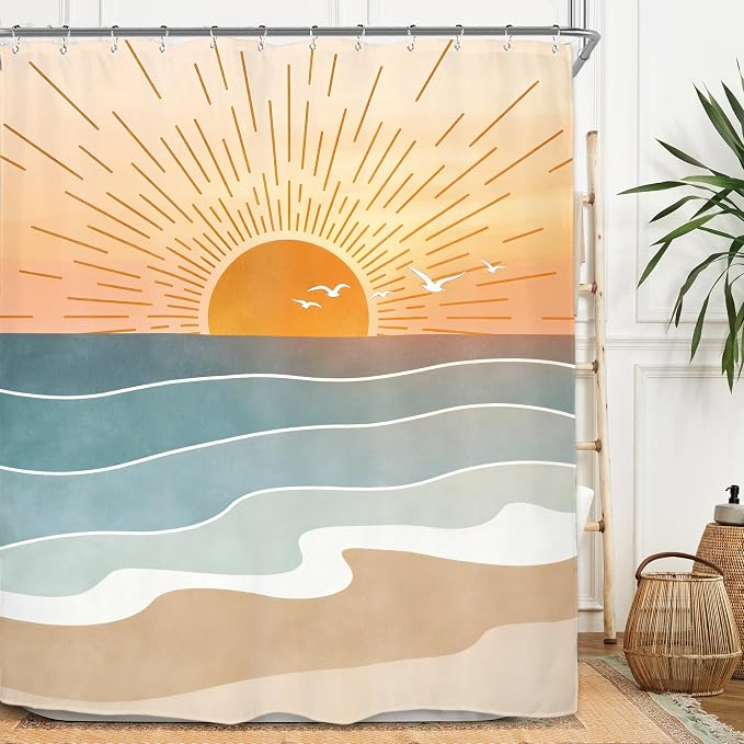 Miyotaa Abstract Orange Sun Minimalist Shower Curtain Set 60Wx71H Inches Beach Sunrise Sunset Aesthetic Coastal Teal Turqoise Aqua Polyester Waterproof Cloth Bathroom Curtain with 12 Hooks