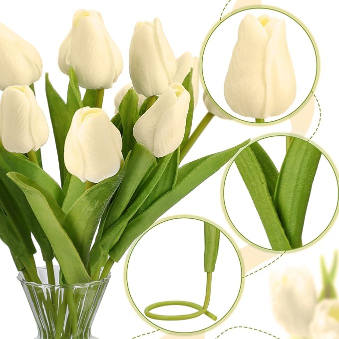 Janinka 100pcs Artificial Tulip Flowers Fake PU Tulips Faux Latex Bouquet Flower Centerpieces Arrangement Floral for Mother Day Wedding Spring Decorations (Milk White)