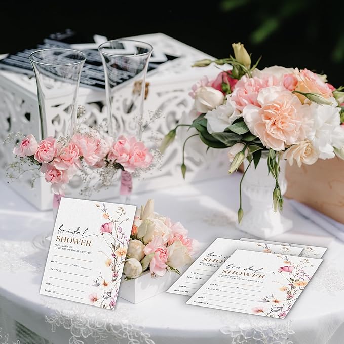 Boho Bridal Shower Invitations, Spring Floral Invites with Envelopes, 4x6 Set of 25 Invite Card for Wedding Shower, Newlyweds, Party Favor & Decorations-A03