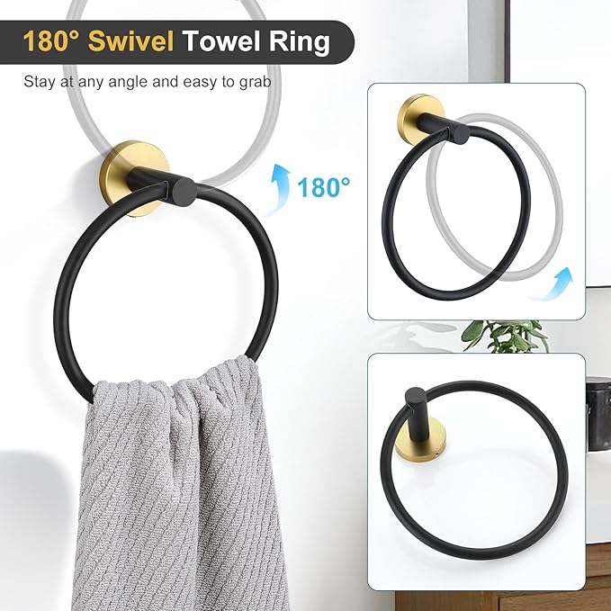 TQKAG Black and Gold Bathroom Accessory Set 5 Pieces, Round Stainless Steel Bath Towel Bar Set 23.6 Inch Towel Racks for Bathroom Wall Mounted