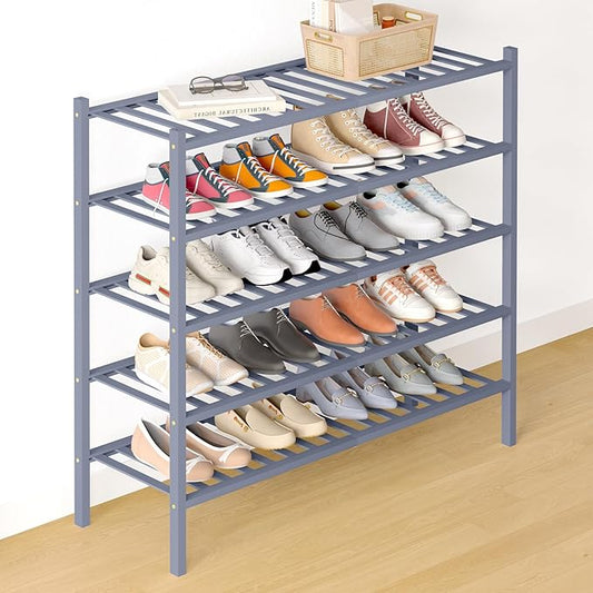 Smiry Bamboo Shoe Rack for Closet, 5 Tier Long Wooden Stackable Shoe Organizer, Free Standing Shoes Storage Shelf for Entryway, Front Door Entrance, Grey