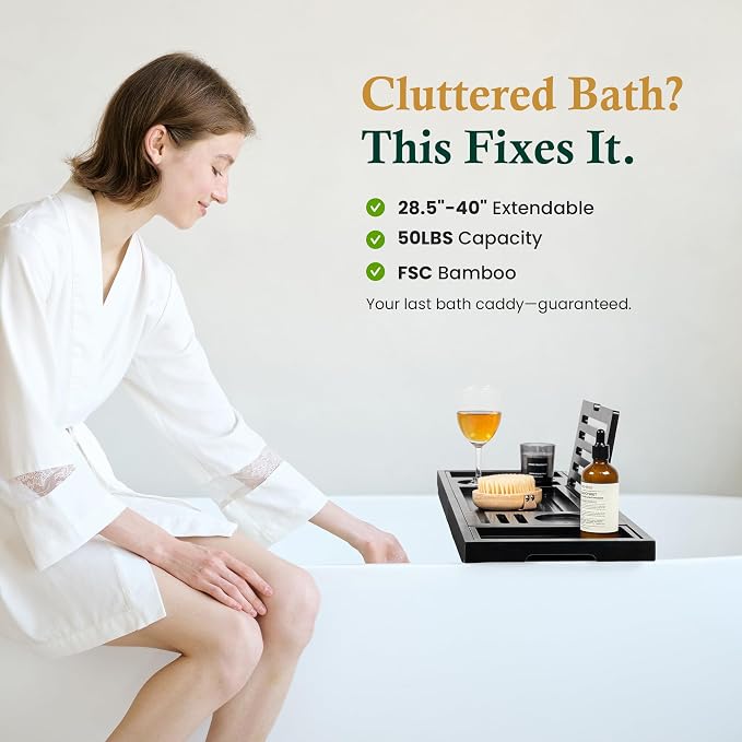 Bamboo Bathtub Tray Caddy - Splash-Proof Adjustable (28.5-40") with Wine Holder, Tablet Stand & Non-Slip Grip | Spa-Grade Organizer for Bath Essentials & Reading- Black