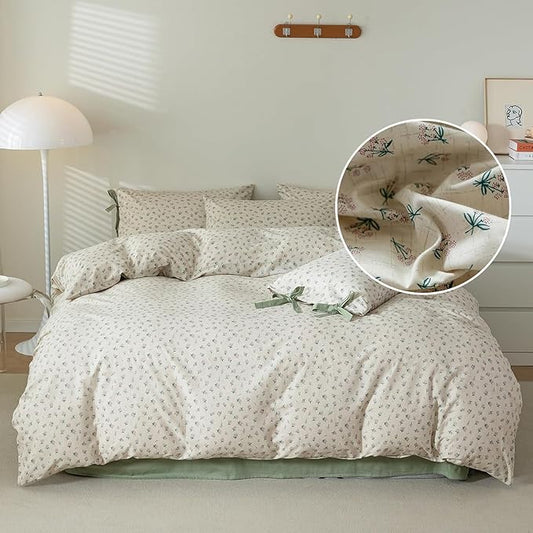 LifeTB Green Floral Comforter Set Queen Vintage Coquette Bedding Comforter for Girl Women Floral Botanical Comforter with 2 Bow Ties Pillowcases Cottagecore Bedding Flowers Comforter Set Queen Size