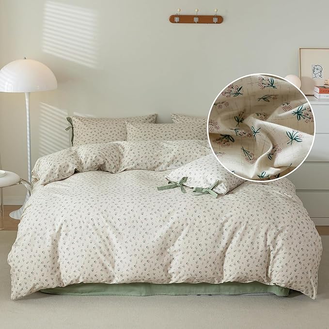 LifeTB Green Floral Duvet Cover Twin XL 3 Pieces Green Blossom Flower Comforter Cover Vintage Floral Cottagecore Bedding Set 100% Cotton Flower Botanical Comforter Cover with 2 Bowknot Pillowcases