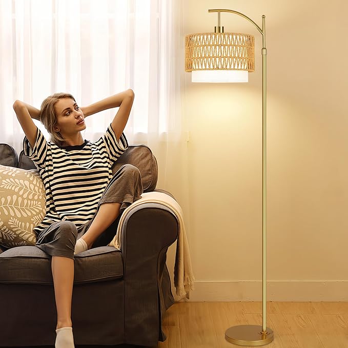 Gold Floor Lamps for Living Room Rattan Boho Floor Lamp with Remote Control & 3 Color Temperature, Dimmable Arc Floor Lamps Wicker Lamp Shades Brass Standing Lamp Tall Floor Lamp For Bedroom Corner