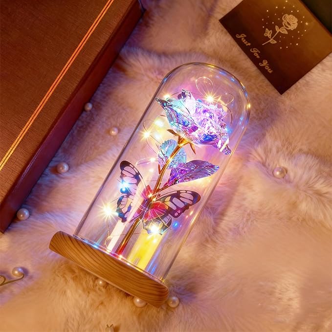 Beferr Christmas Birthday Gifts for Women, Mom Gifts for Christmas Galaxy Glass Rose Forever Preserved Flowers for Delivery Prime Rose in Glass Dome Xmas Gifts for Grandma Wife Sister Her, Rainbow