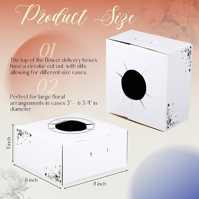 20 Pcs Cardboard Flower Delivery Boxes 8'' x 8'' x 4'' Vase Cases Florist Delivery Boxes for Bouquet Arrangements Florist Package Transport