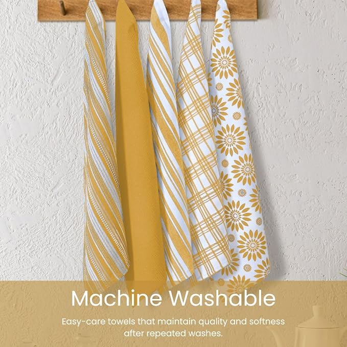 Assorted Kitchen Towels - Mustard Yellow Towels, Set of 5, 16x26 in - Absorbent 100% Cotton Dish Towels with Hanging Loop - Waffle Weave Tea Towels for Drying Dishes, Glassware & Counters