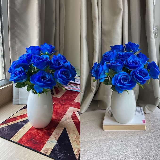 12 PCS Rose Artificial Silk Flowers, Fake Roses with Long Stems Realistic Faux Rose Flower Bouquets for Home Wedding Decoration Party-Sapphire Blue
