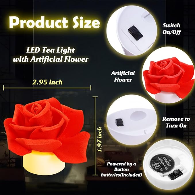 12 Pack Led Candles with Artificial Flowers, 200+Hour Battery Operated Tea Lights Candles for Centerpiece Table, Party, Wedding Anniversary Decorations (Red)
