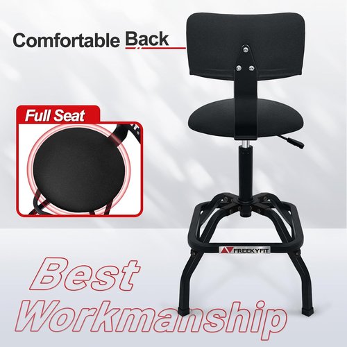 Shop Stool with Backrest by [Brand Name] - Adjustable Heavy-Duty Garage Stool | 300 LBS Capacity, 360° Swivel, Black