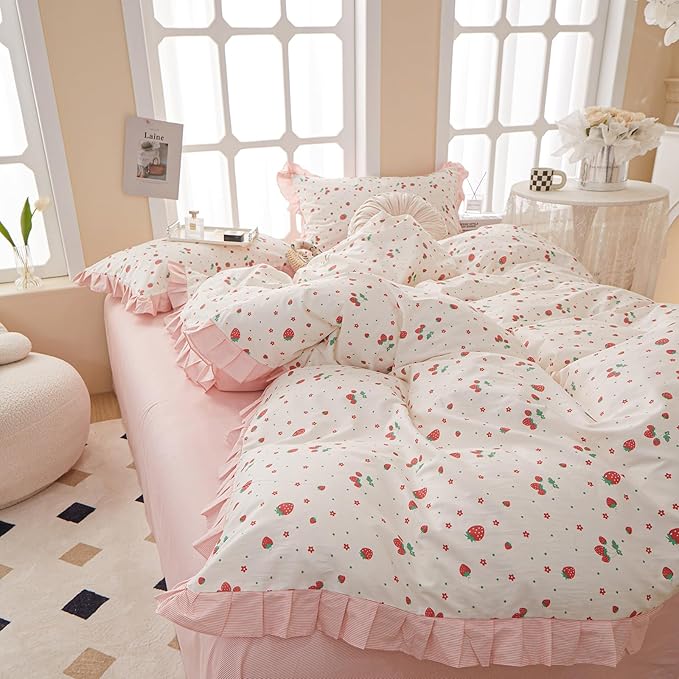 HighBuy Queen Comforter Set Strawberry Print Bedding Comforter Ruffled Lace Bedding Set Fluffy Fruit Comforters Pink Stripes Comforter Sets,1 Soft Romantic Ruffle Comforter with 2 Pillowcases