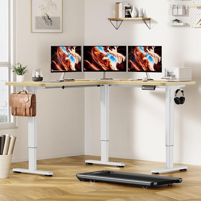 Flycity Electric L Shaped Standing Desk Adjustable Height, 63" x 55" Corner Stand Up Table, Home Office Desk, Dual Motor Sit Stand Desk, Computer Desk with 3 Memory Preset & Lock, Maple