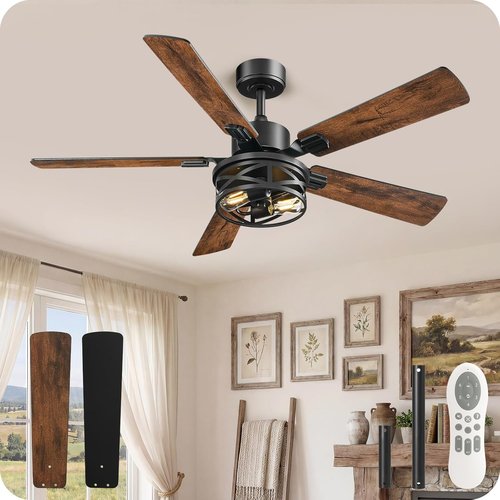 Farmhouse Ceiling Fan - 42 Inch with Remote, Timer & Dual Finish Blades | Rustic Walnut & Black