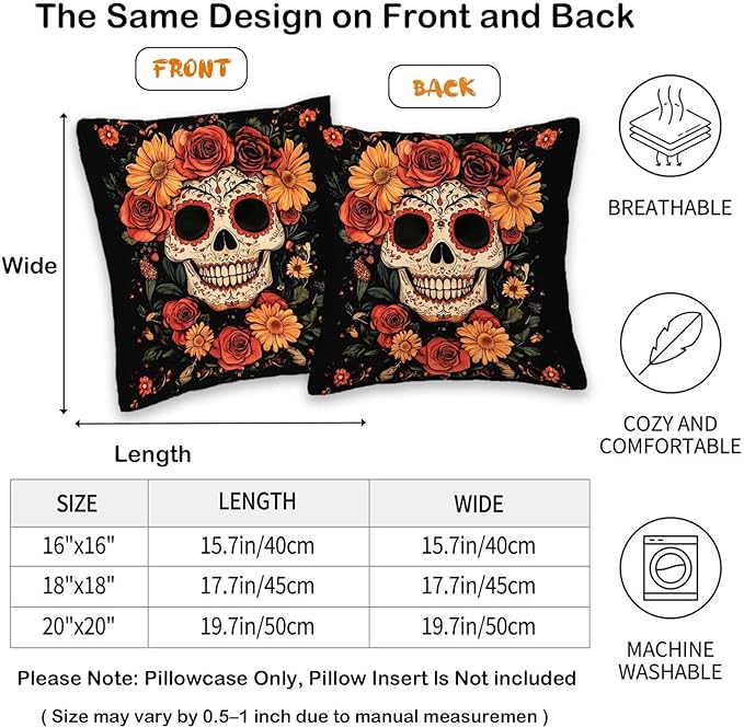Sugar Skull Throw Pillow Covers 18x18 Set of 2, Mexican Day of The Dead Pillowcase for Sofa and Couch, Chirstmas Decorative Square Cushion Cases for Living and Bed Room