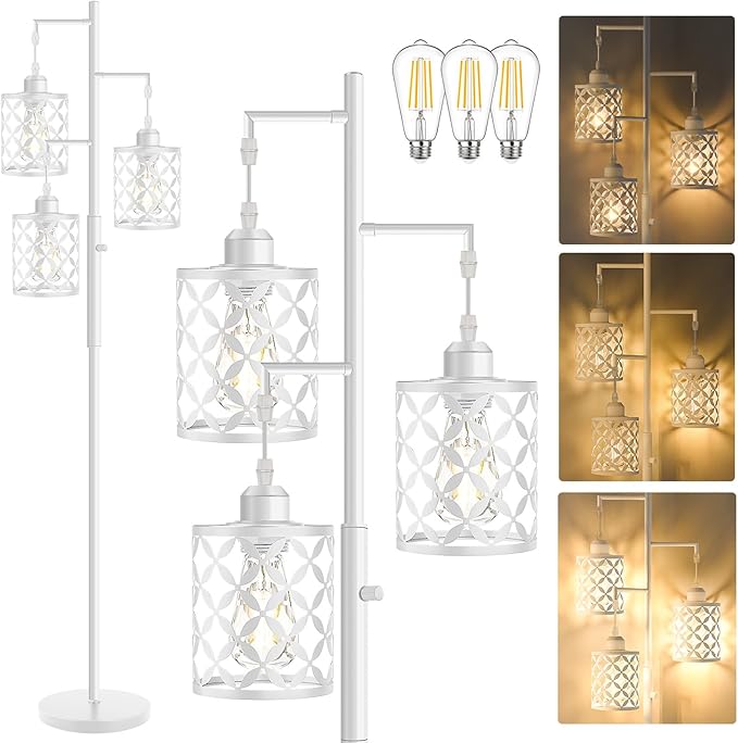 Dimmable Floor Lamp, Farmhouse Standing Lamp with Elegant Metal Cage, Industrial Tall Tree Floor Lamps for Living Room, Bedroom, Study Room, Office, 3 x 800LM LED Bulbs Included, 72", White