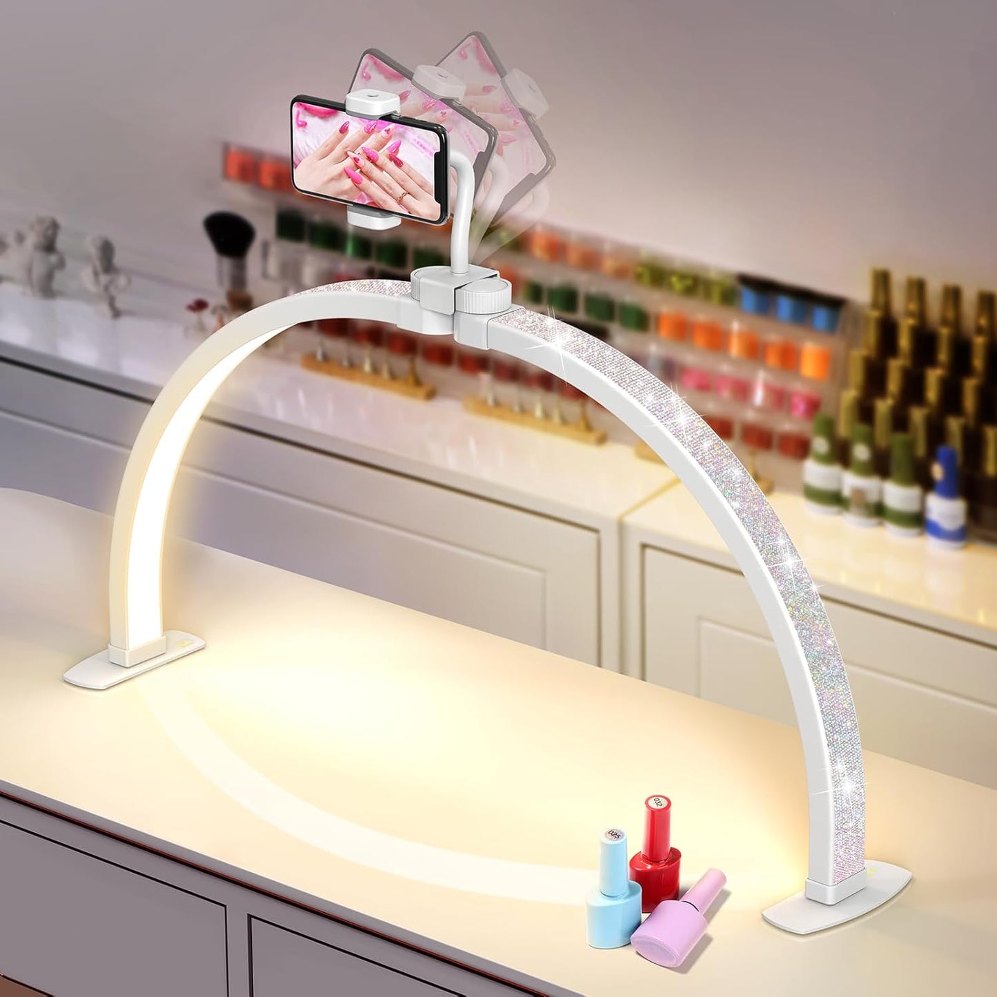Yokilly Half Moon Desk Lamp - 23" Foldable Nail Tech Light with Phone Holder & 3 Color Modes (Diamond, Small)