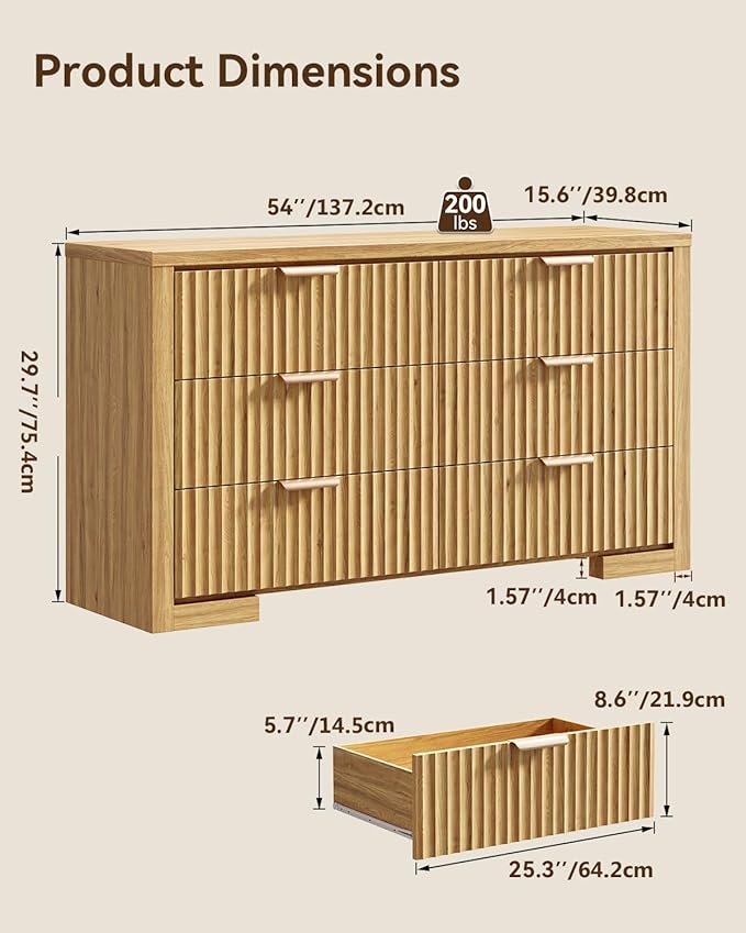 Fluted 6 Drawer Dresser for Bedroom, 54" Wide Chest of Drawers with Metal Handle, Modern Storage Dressers Organizer for Living Room, Hallway, Natural