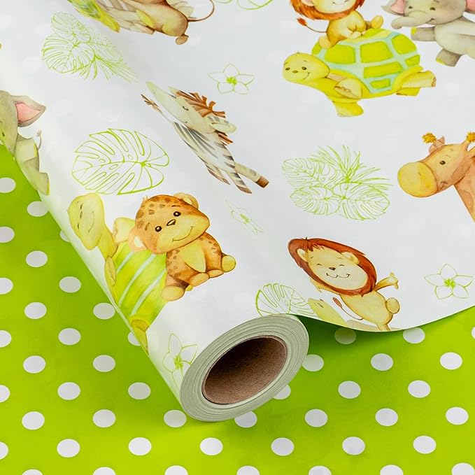 HOMERAL Baby Shower Wrapping Paper Roll - Jungle Animal Design - 17 Inch x 32.8 Feet (46.8 sq.ft) Green Gift Wrap with Lion, Elephant, Turtle, Giraffe, Zebra, Perfect for Baby Boy & Girl, Birthday, Gender Reveal, Holidays